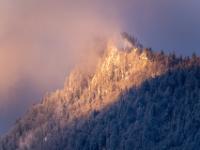 Goldenes Morgenlicht auf dem verschneiten Zellerhorn mit Nebel